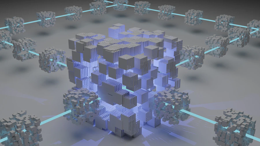 Composição abstrata em tons escuros representando arquitetura de sistemas