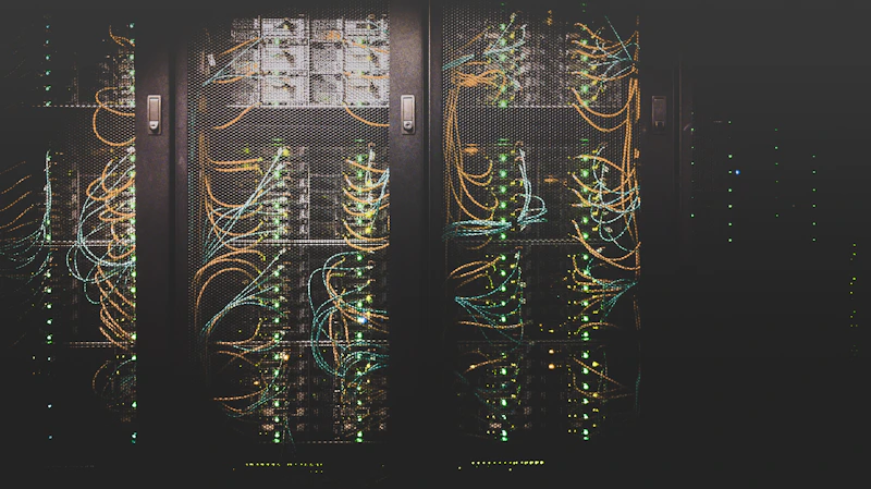 Servidores em um data center iluminado por luz azul